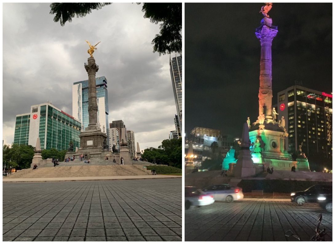 El Ángel de la Independencia in day (left) and night (right).