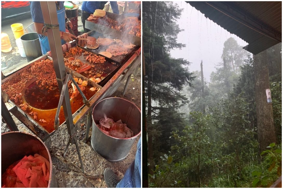 Food cooking at a taco stand and a rainy day in a National Park.