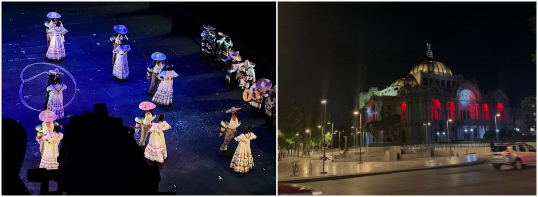Dancers at the Ballet Folklorico (left) and outside of the Palacio de Bellas Artes (right)