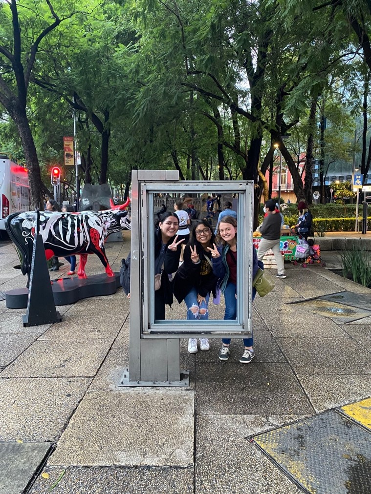 Celeste and two friends taking a picture in a photo frame.