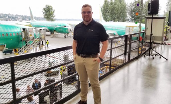 Industrial hygiene student Ben Tate poses for a photo during his applied practice experience at Boeing.