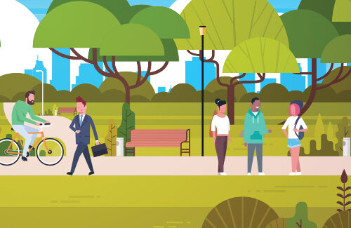 A graphic showing people walking and biking through a public park.