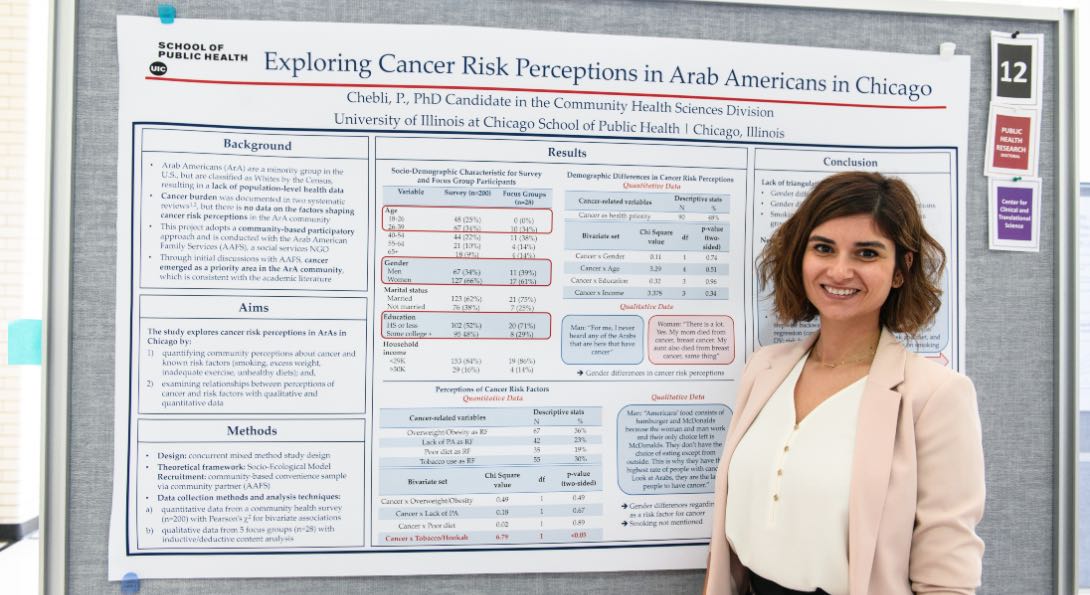 Perla Chebli poses for a photo with her poster at the 14th Annual SPH Research and Practice Awards Day