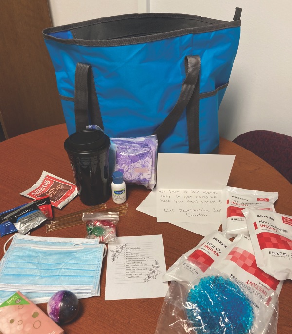 A giveaway bag with support items for people seeking abortion care.
