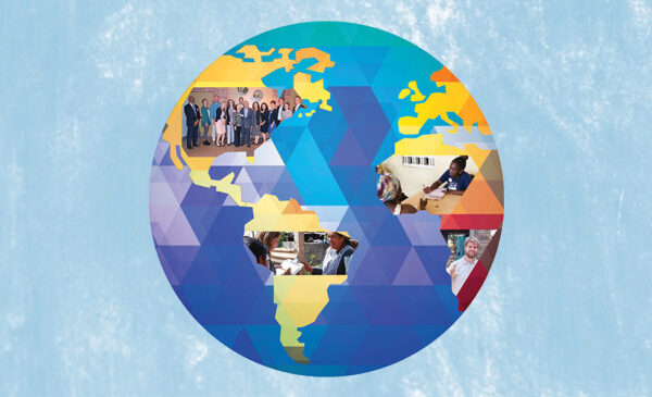 A graphical image of the Earth, with images edited into various landmasses on the globe.  Images include a photo of Lanny and Terry Passaro posing for a photo with Passaro Scholars and SPH students engaged in global experiences in South America and Africa.