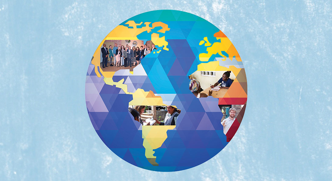 A graphical image of the Earth, with images edited into various landmasses on the globe.  Images include a photo of Lanny and Terry Passaro posing for a photo with Passaro Scholars and SPH students engaged in global experiences in South America and Africa.