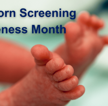 Newborn's feet with a hospital bracelet and text reading 