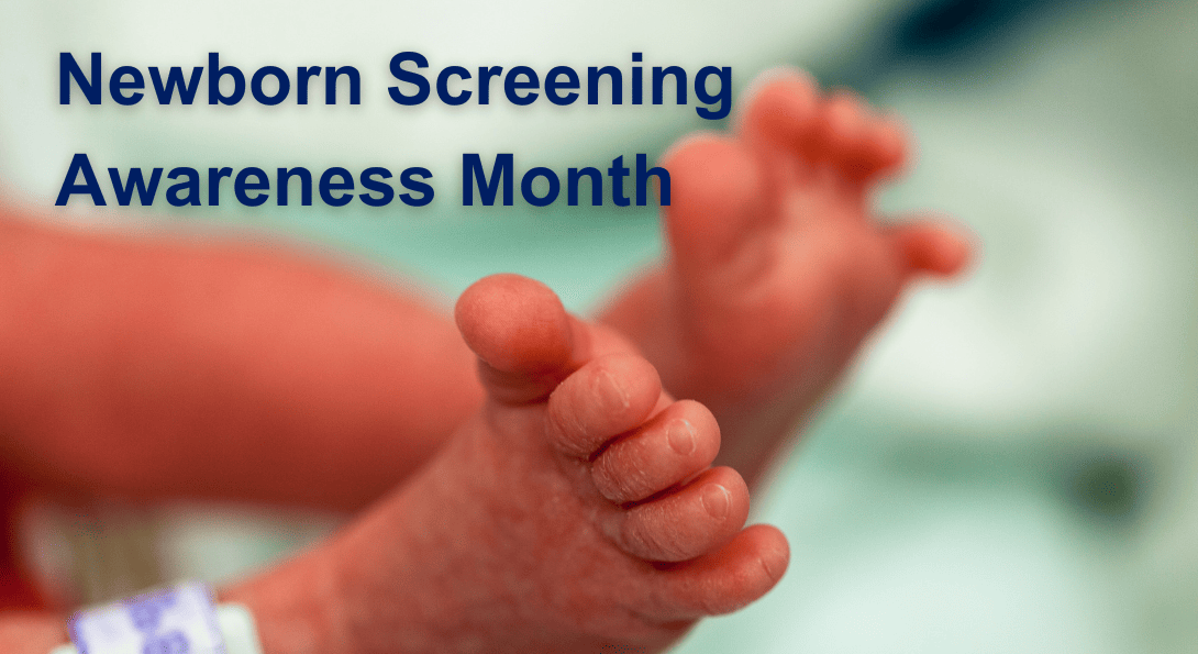 Newborn's feet with a hospital bracelet and text reading 